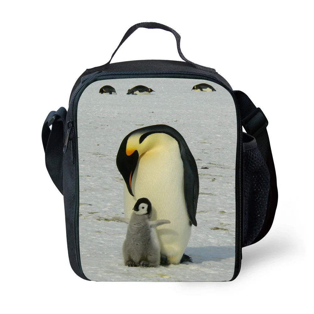 Penguin Print Kids Lunch Bag Durable Insulated Lunchbox Small Black Lunch Box for Children Boys Customized cooler Bag