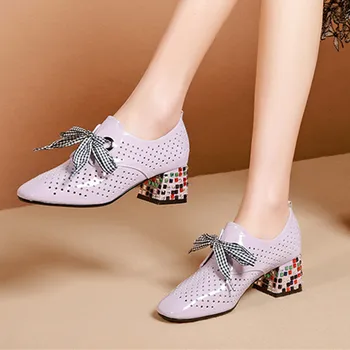 

Hollow Genuine Leather Women Pumps Summer New Lace Up High Heels Round Toe Shoes Woman Casual Basic Shoes