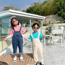 Стиль, джинсовый комбинезон для мальчиков и девочек, Весенние длинные штаны для маленьких детей, От 1 до 6 лет