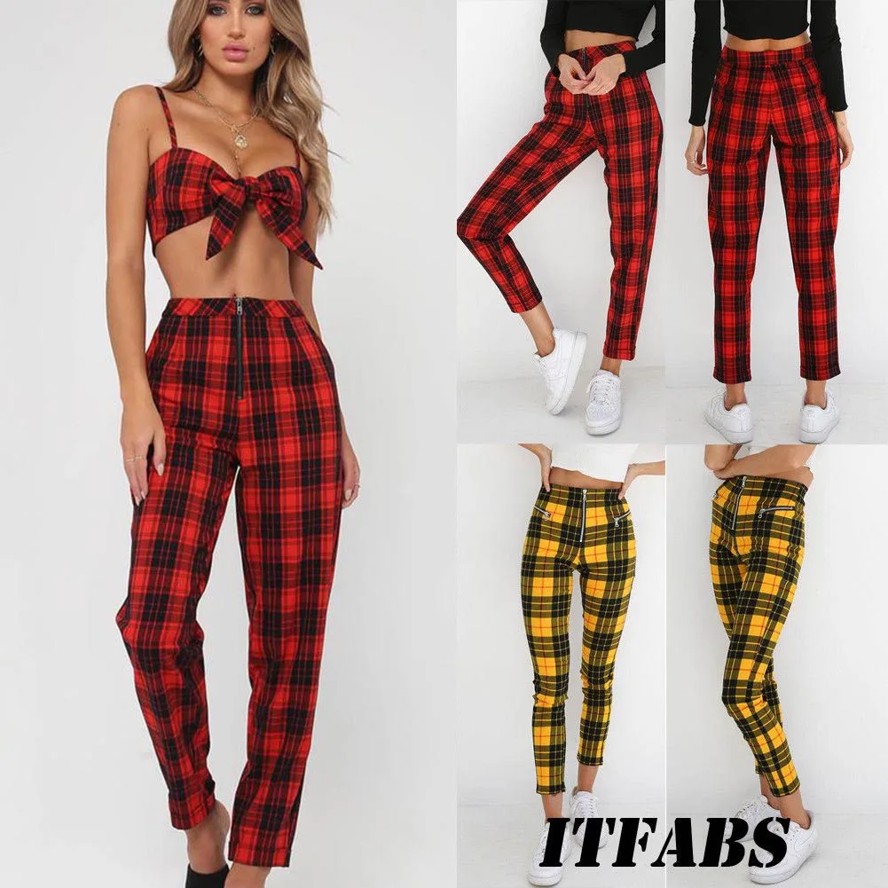 Women Tartan Plaid High Waist Trousers Ladies Checked Slim Fit Long Pencil Pants