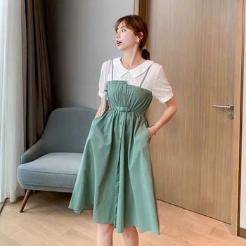 

2020 New Style Temperament Female Fashion Fragrance Goddess Dress Yellow Green Patchwork Sashes Peter Pan Collar Button Dresses