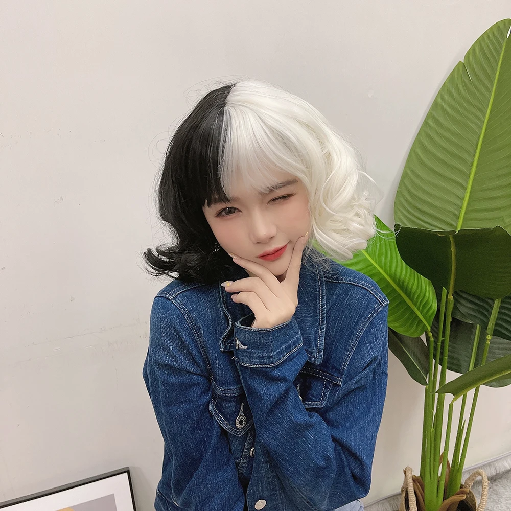 YIMIANJUQUAN Movie Cruella Wig Half Black And White Wigs For Costume Cosplay Women Girls Short Curly Hair Cute Party Halloween -Zentai shop online H2bd6f031998e4c9db99e28a784486a525.jpg