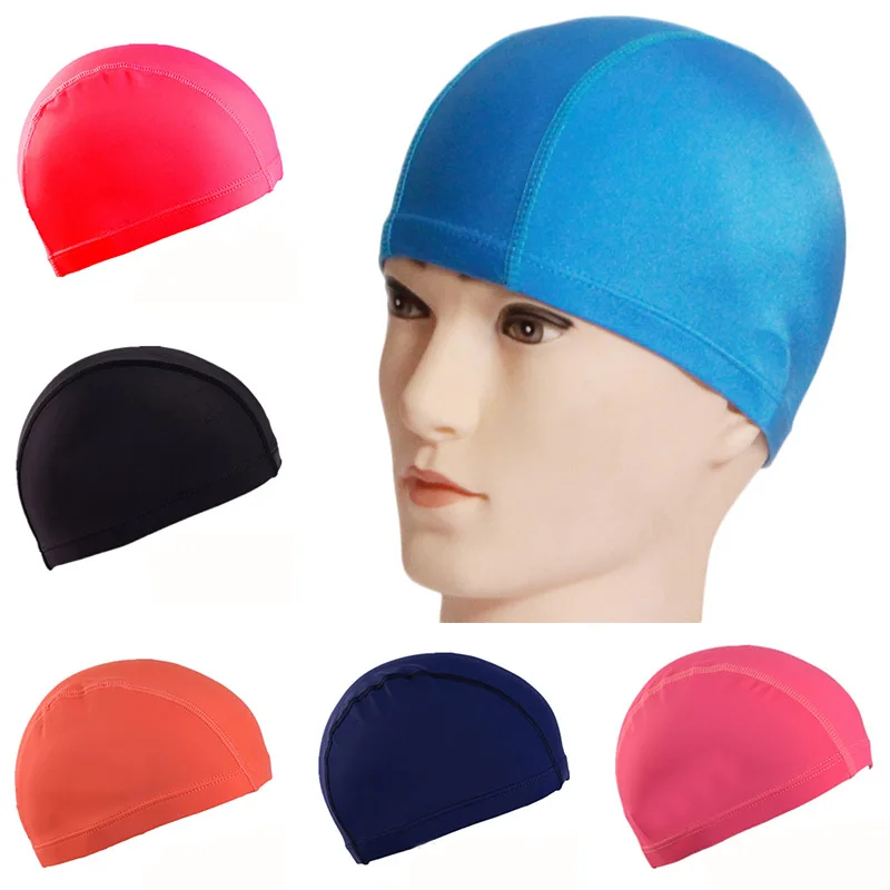 Ultrathin PU Fabric Long Hair Sports Swim Hat Swimming Cap Women Adults DarkBlue 