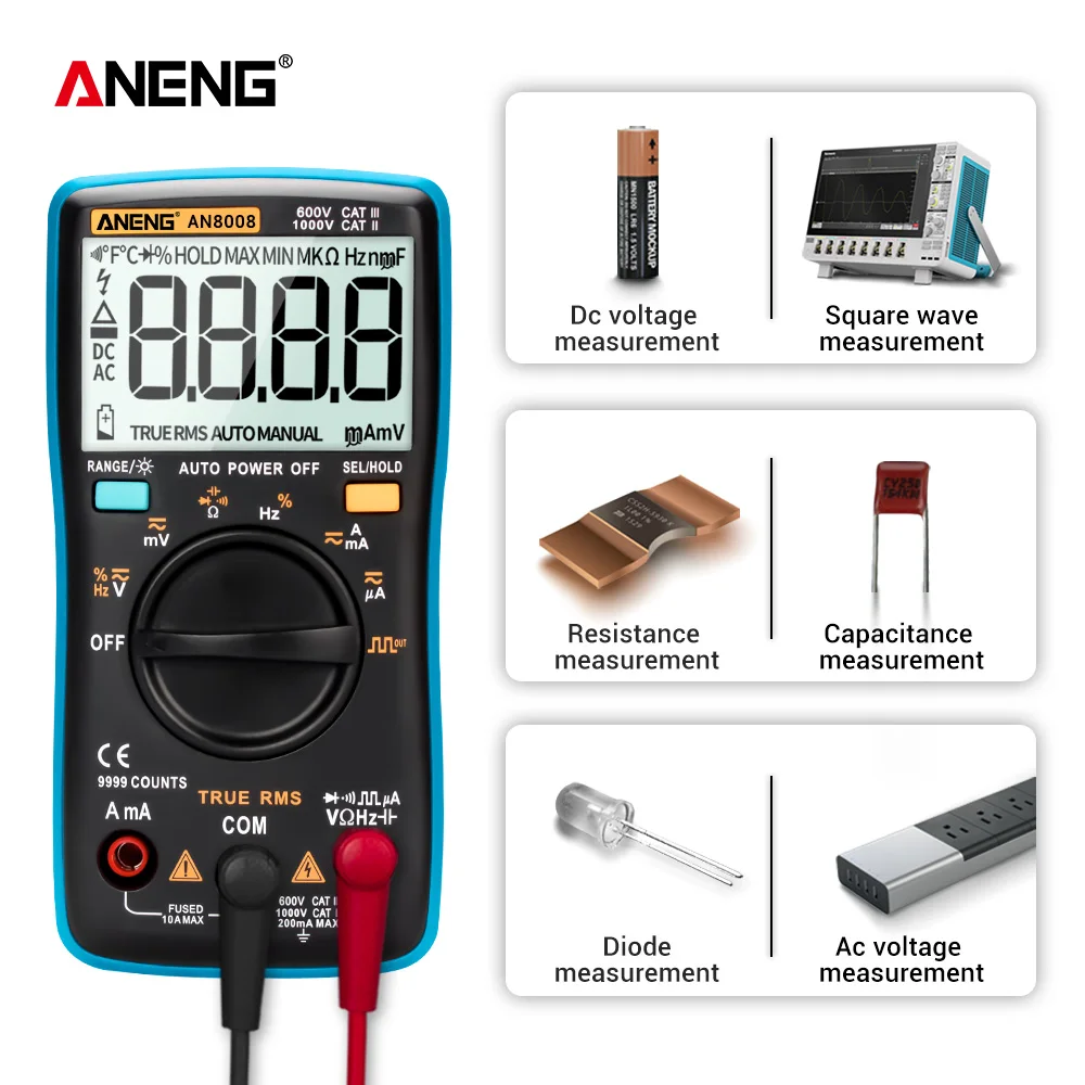 ANENG AN8008 Цифровой мультиметр 9999 отсчетов транзистор истинный среднеквадратичный