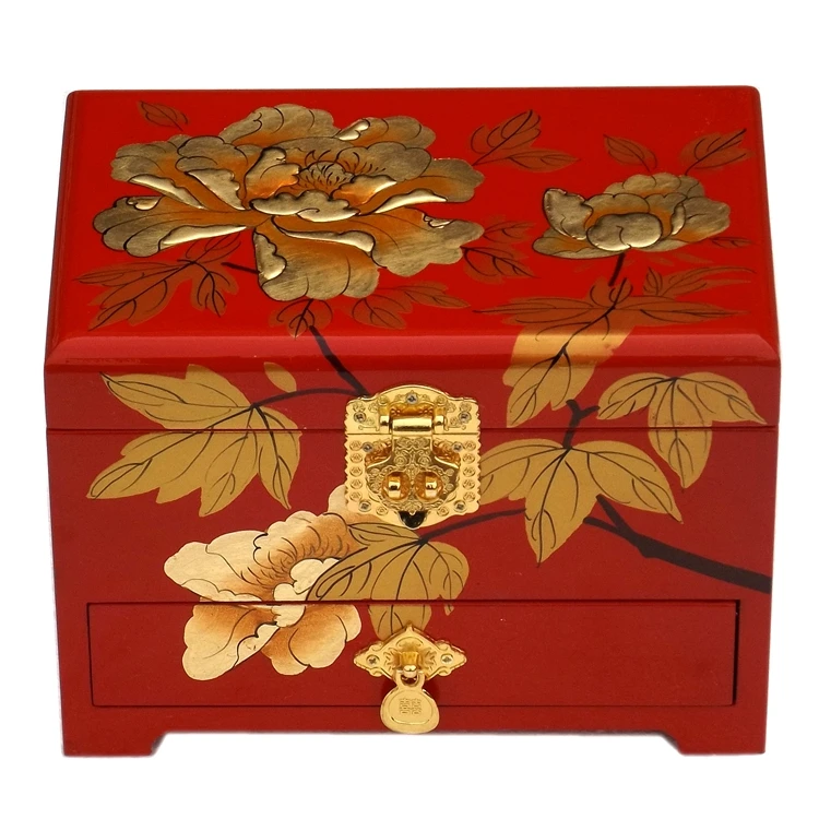Chinese Lacquerware 3 Layer Wood Jewelry Drawer Box Wholesale Packaging with Lock Decoration Storage Boxes Wedding Jewelry  Case