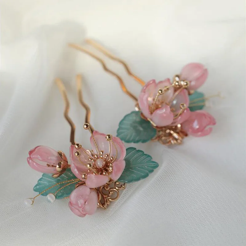 2021 New Original Design Chinese Hairpin Pink Blossom Flower Hair Pins For Women Hair Pin Bridal Headpiece Pince Cheveux Femme