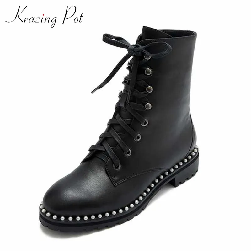 

krazing pot Princess style pearl decorations boots round toe med heels cow leather winter women lace up basic ankle boots L3f1