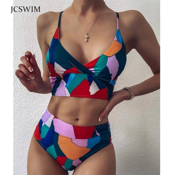 

High Waist Swimsuit Women Push Up Stitching Color Bikini Set 2020 Summer Sexy V Neck Swimming Suit For Women Biquini Swimwear