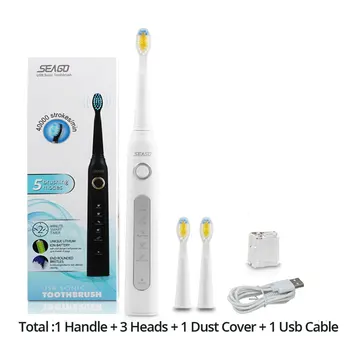 

Seago SG-507 USB Rechargeable Sonic Electric Toothbrush Adult Waterproof Deep Clean Teeth Whitening Brush + 2 Replacement Heads