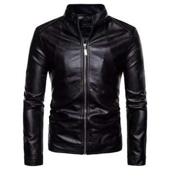 

New Spring and Autumn Stand-up Collar Motorcycle Leather Jacket Washable PU Side Seam Pocket Mens Leather Jacket