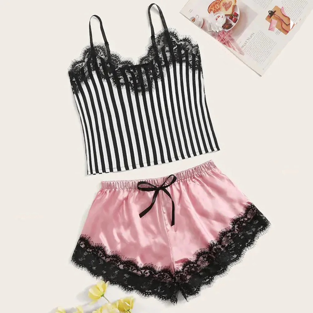 Женский кружевной атласный беспроводной бюстгальтер Camisole пижамы шорты с бантиком комплект пижамы 661SW1