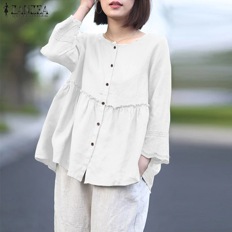 ZANZEA Solid Cotton Linen Blusas Women's Blouse Summer 3/4 Sleeve Lace Crochet Shirt Elegant Buttons Down Tops Ruffles Chemise