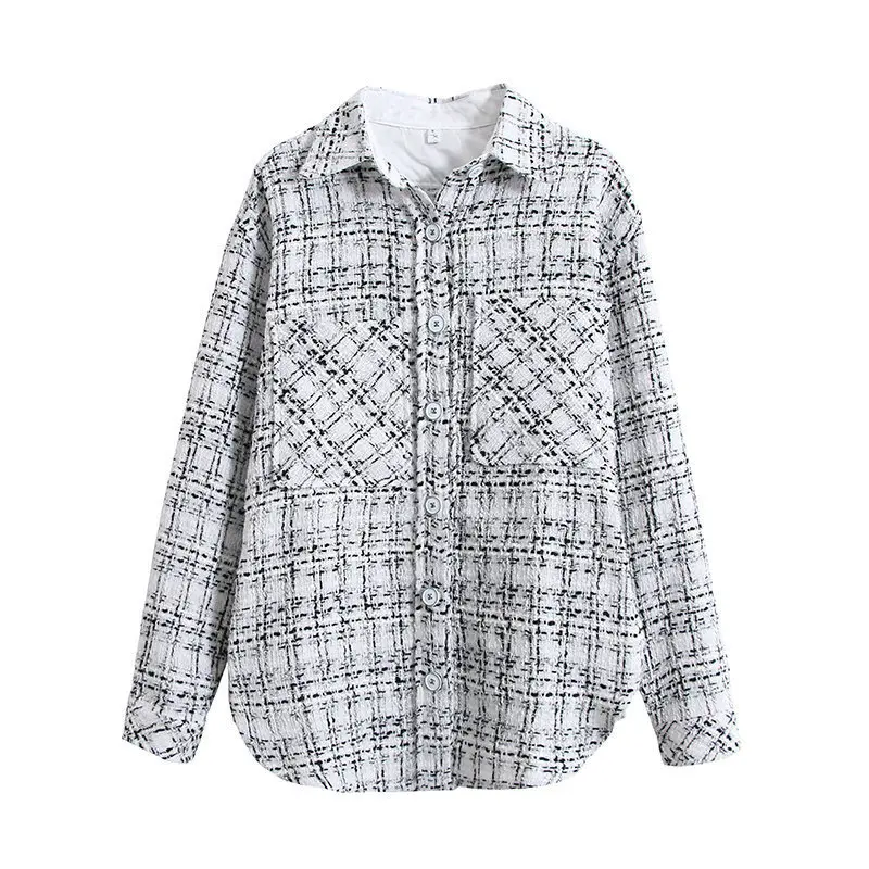 

Yang Mi Celebrity Style Shirt Tweed Plaid Shirt Women's Loose-Fit Fold-down Collar Long Sleeve Multi-color Graceful Cardigan Coa