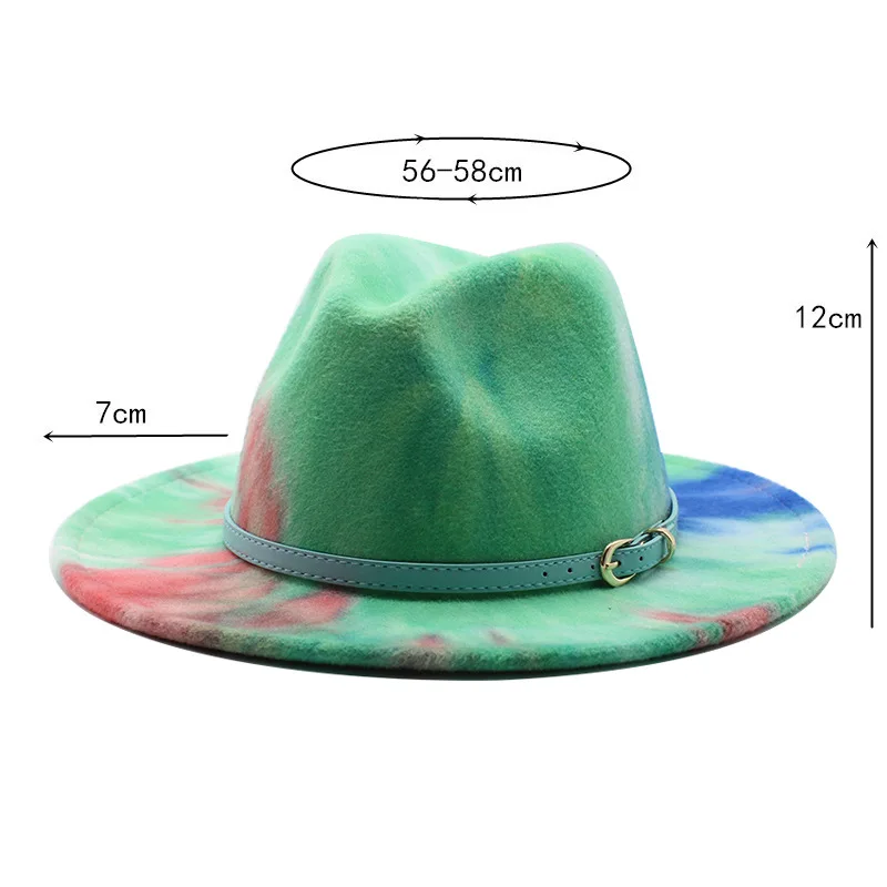 56-58cm Tie dye Wide Brim Fedora Hat Women Men Wool Felt Jazz Hats with Simple Belt Church Derby Top Hat mens fedora