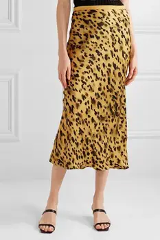 

Women Skirt 2020 Spring New Yellow Leopard Print Silk Skirt