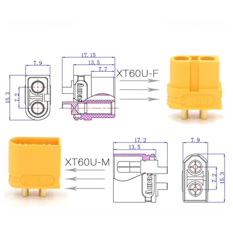 Amass XT60U Male Female Connectors for Lipo Battery