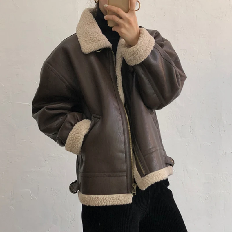 SHENGPALAE Chic Autumn Winter Coat Handsome Keep Warm Lamb Jacket Leather Loose Coat Korean Fashion Woman Clothing FV683