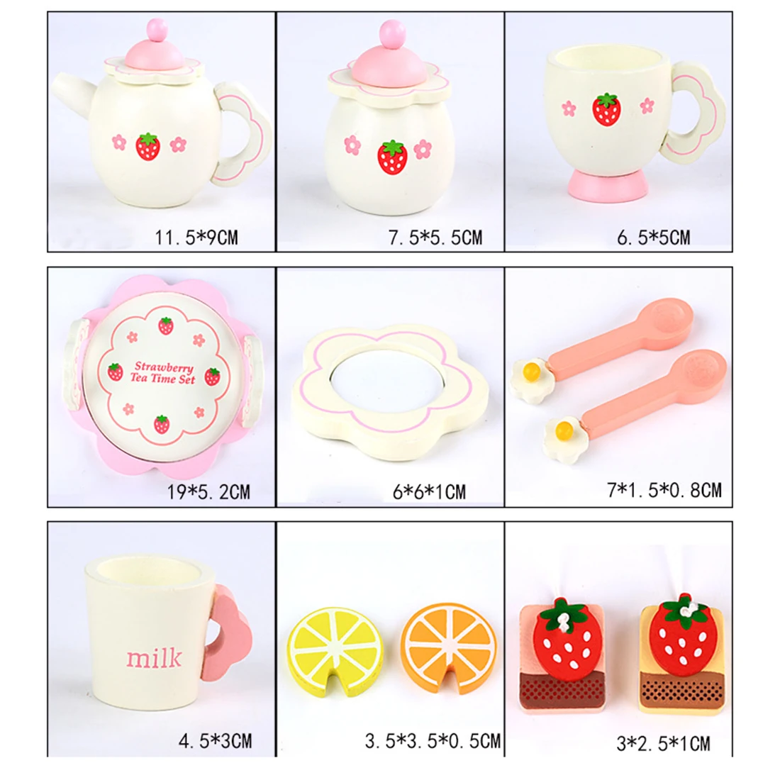 14pcs Children Wooden Pretend Play Teapot Set Dishes Wishes Dinnerware Toy With Strawberry Pattern Educational Toy- White Lemon