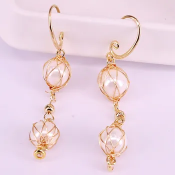 

5Pair Wire Wrapped Natual White Pearl ROUND Long Dangle jewelry charm Earrings