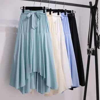 

Irregular White Maxi Long Skirt Women Spring Summer High Waist Cotton Midi A Line Skirts Female Beach Boho Skirt With Sashes