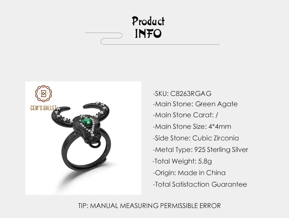 GEM'S BALLET Natural Green Agate Bull Head Adjustable Ring 925 Sterling Silver Handmade Gemstone Rings For Women Party Jewelry