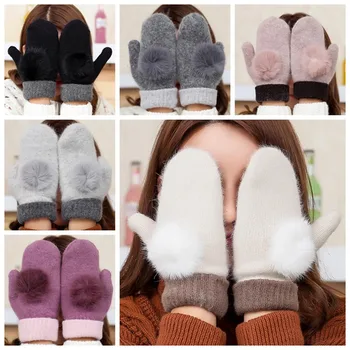 

2020 New Fashion Winter Fingerless Gloves Mittens For Women Real Fur Pompom Warm Wool Gloves