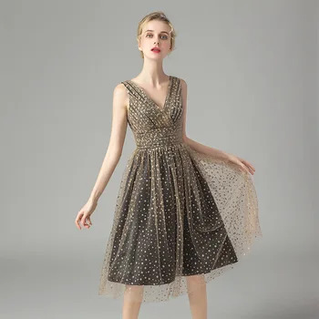 

BGW Deep V Neck Sleeveless A Line Tulle Cocktail Dress Deep V Back Vestido De Coctel French Style 2019