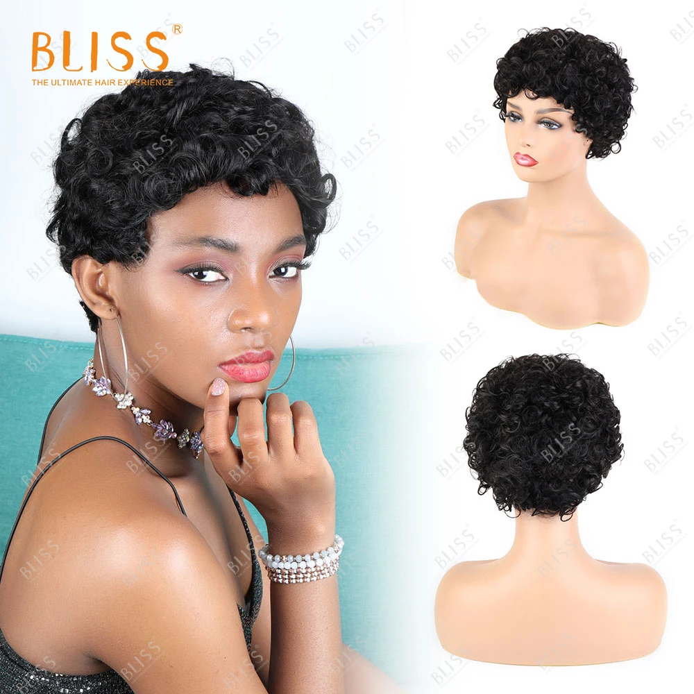 

BLISS Deep Wave Human Hair Wig Short Wigs For Black Women With Bangs Cheap Pixie Cut Wig Brazilian Natural Hair Remy