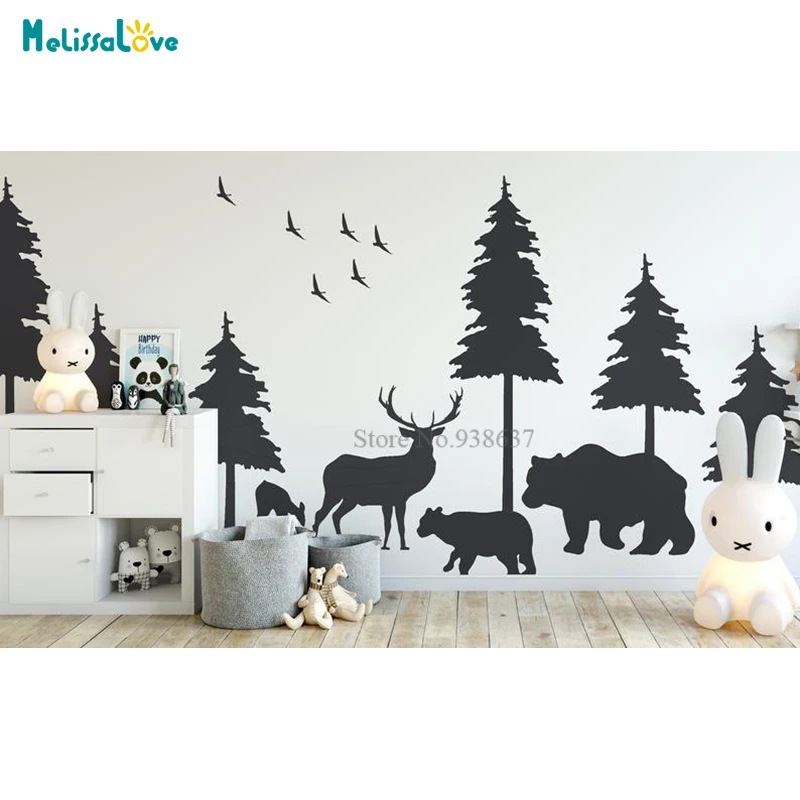 

Woodland Forest Animals Bear Fox Deer Pine Tree Nursery Wall Sticker Decor Baby Room Vinyl Wallpaper BB827