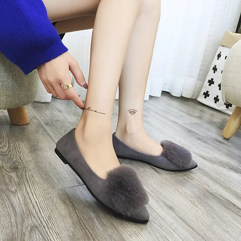 

Free shipping Small size 2018 autumn imitation rabbit fur shoes tassel women's shoes flat single shoes pointed and velvet