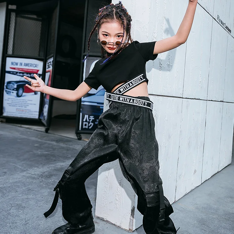 

Short Sleeved Black Crop Top Gargo Pants Girls Jazz Ballroom Dance Clothes Street Dance Costumes Kids Hiphop Outfit XS1240