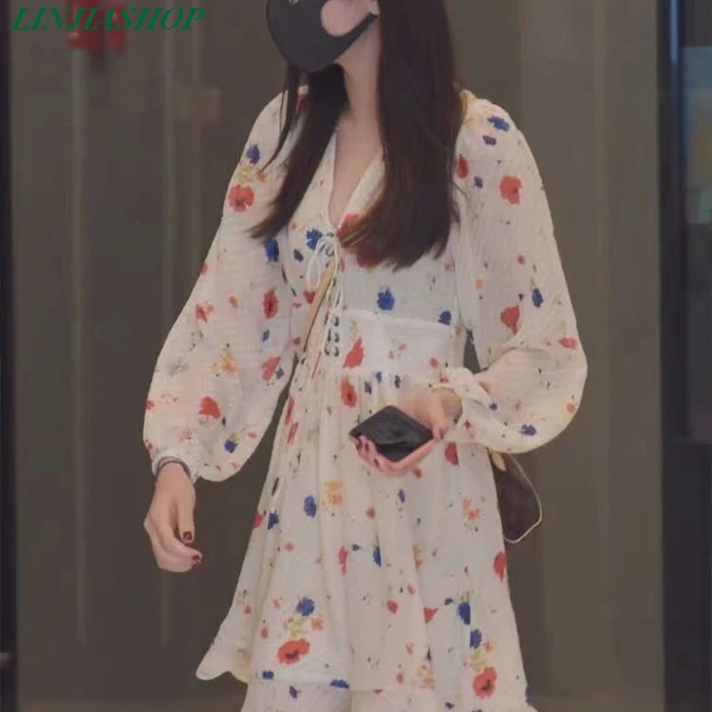 

Elegant high fashion autumn lady dress long puff sleeve v neck with strap adjustable holiday delicate print mini dress festa