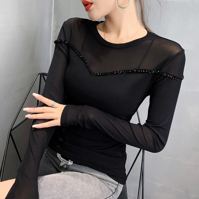 5517 Black Grey Basic Mesh T Shirt Women O Neck Sexy Stretch See