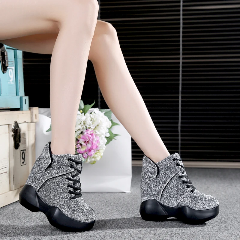 

2019 Women Winter Ankle Boots Wedge Platform Sneakers Woman Boots 10CM Height Increaseing High Top Shoes Autumn Botas Feminina