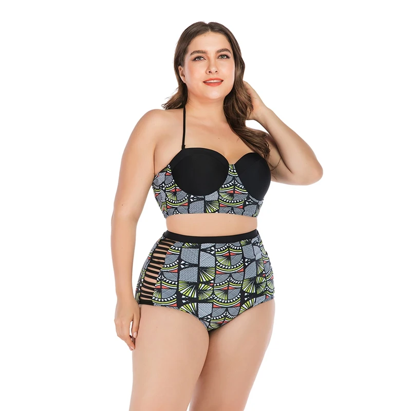 

High Waist Women Tankini Halter Top Lace-up Hollow-out Quick Drying Bikini Swimwear Lady Underwire Padded Bra Plus Size Swimsuit