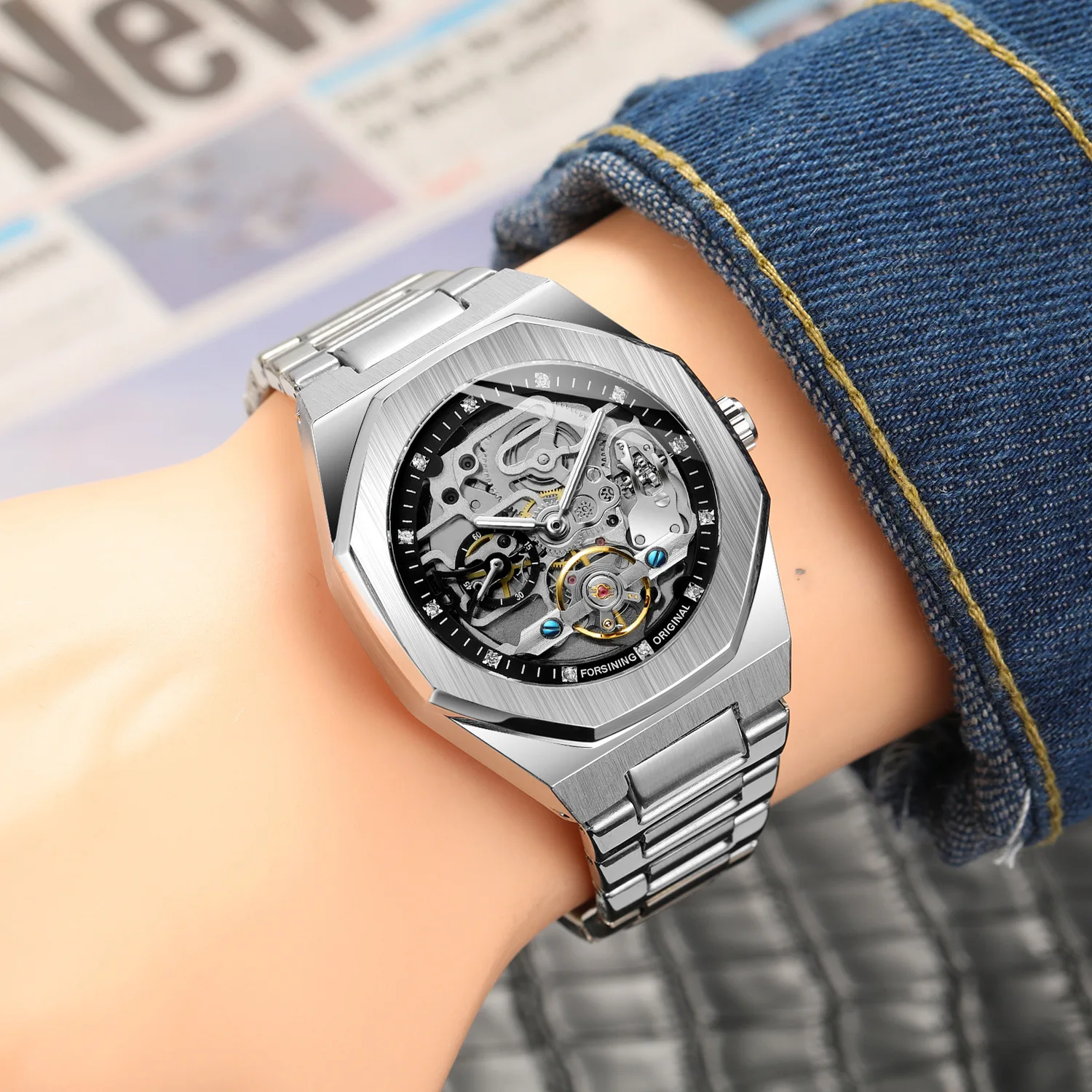 2021 Forsining Top Brand Luxury Automatic Mechanical Watch Luminous Three Eyes Six Needles Skeleton Male Wrist Watch Wrist Clock