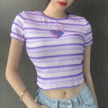 

Waatfaak Striped Embroidery Harajuku T Shirt Women Basic O Neck Casual Tee Shirt Female Purple Summer Top Tshirts Womens 2020