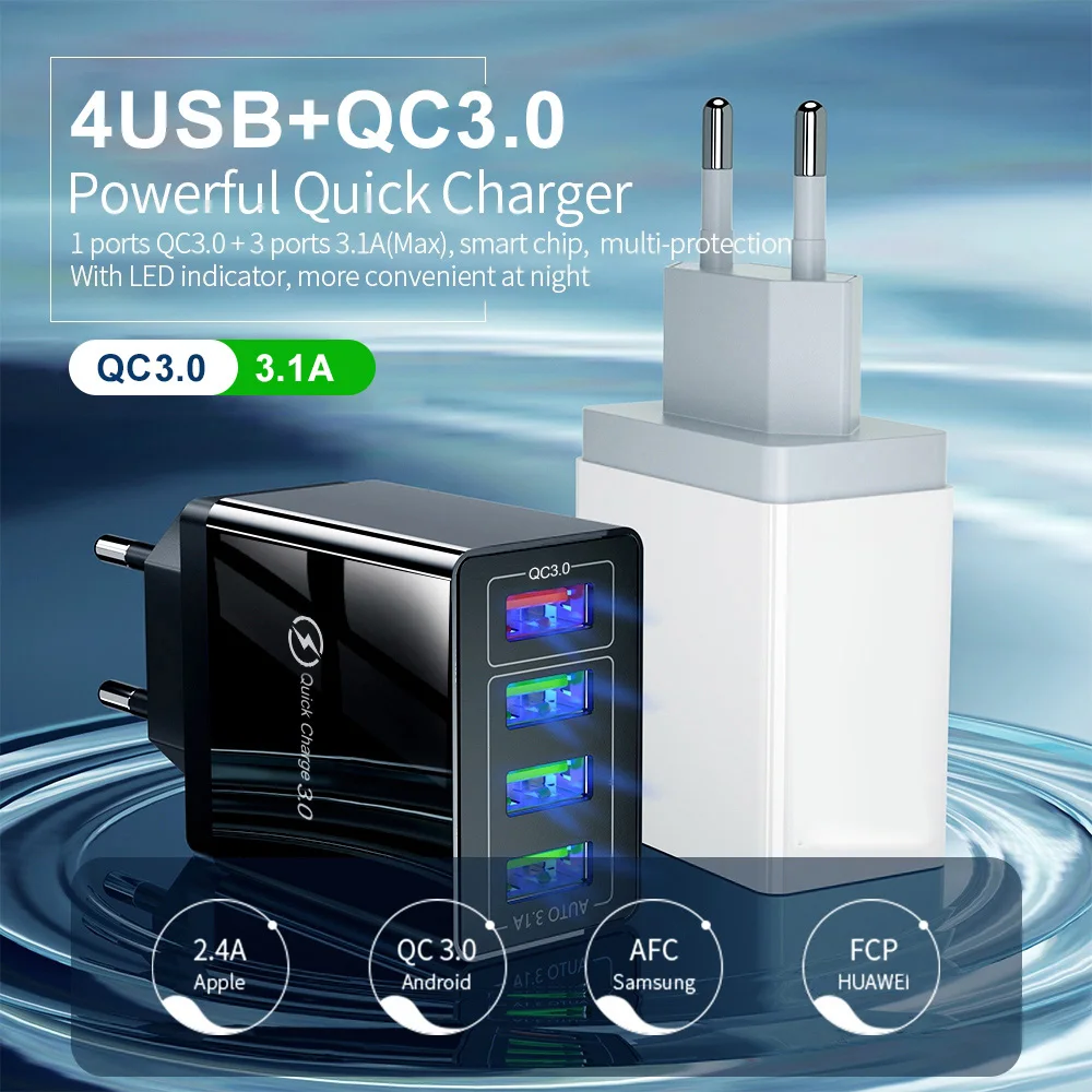 4 Порты Quick Charge 3,0 стены USB Smart Зарядное устройство Адаптер мобильного телефона 5В 3A зарядка Быстрая зарядка для iPhone iPad samsung XiaoMi