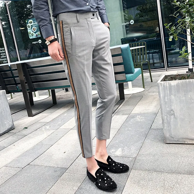 Pantalones ceñidos a rayas para hombre, ropa de negocios, informal, de oficina, ajustados, para actos sociales, moda de verano, 2020