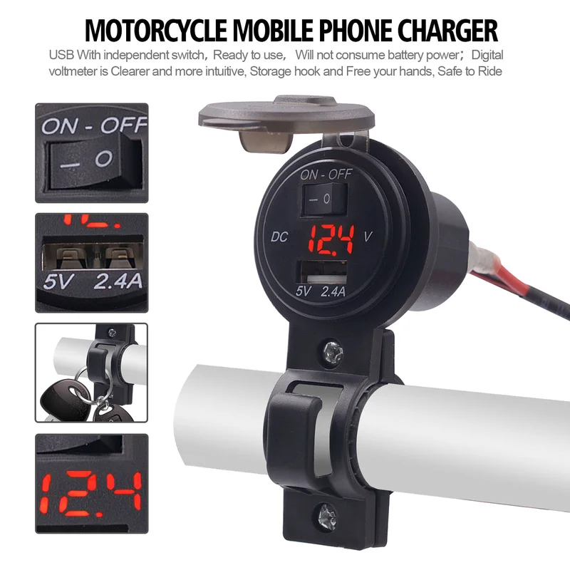 

12V Waterproof Motorcycle Handlebar Digital Voltmeter Bracket Car USB Adapter Charger Motorcycle Frames Accessories Auto Parts