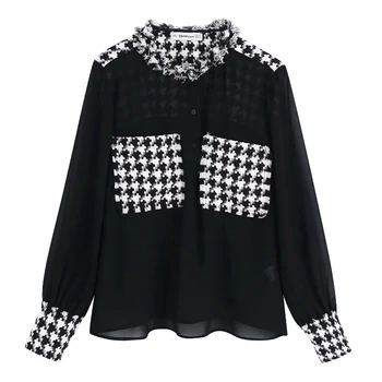 Женская винтажная твидовая шерстяная Лоскутная шифоновая Повседневная блузка, блузки, рубашки для женщин с длинным рукавом, шикарные прозр...