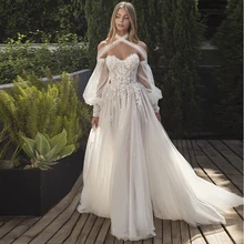 Soft Tulle Boho Wedding Dress Long Puff Sleeve Floral Lace Pearls Bride Dress 2021 Beach Off Shoulder Wedding Party Gowns