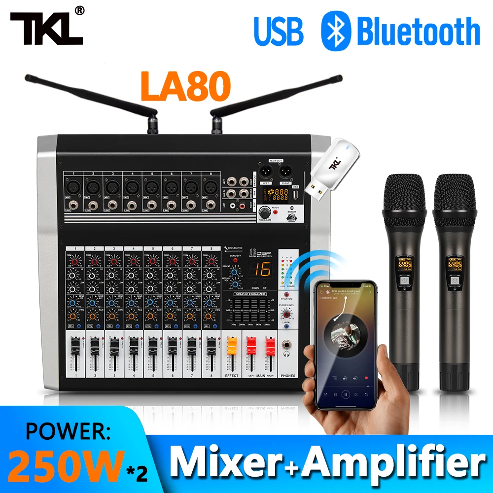 Mixer Audio TKL Professional Digital Sound Mixing Bluetooth USB With Amplifier 250W*2 8 Channel Effect DJ Mixer 48 Phantom Power