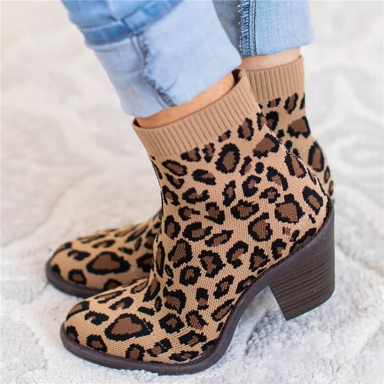 Women's Leopard Ankle High Knitting Boot Sadoun.com