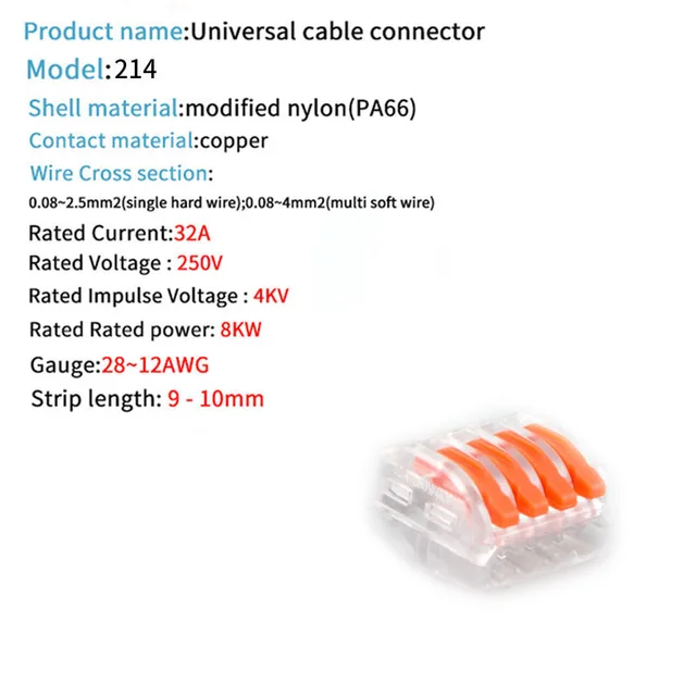 Mini Fast Wire Cable Connectors Universal Compact Conductor Spring Splicing Wiring Quick Connector Push-in Terminal 212 214-T