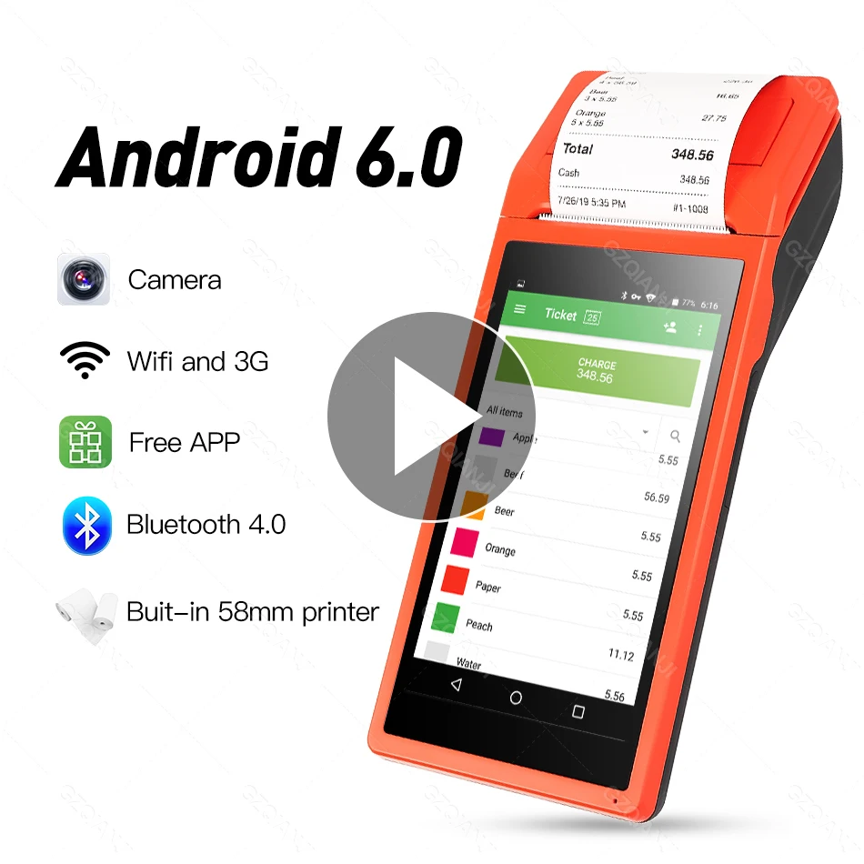 Bluetooth Android POS терминал Wifi беспроводной Встроенный термопринтер 58 мм камера сканер