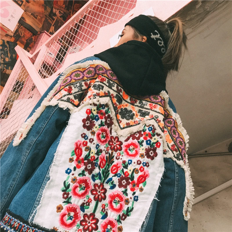Gypsylady хлопковая джинсовая куртка с цветочной вышивкой в стиле ретро boho куртка с аппликациями пальто Женская Джинсовая Верхняя одежда с длинными рукавами chaquetas