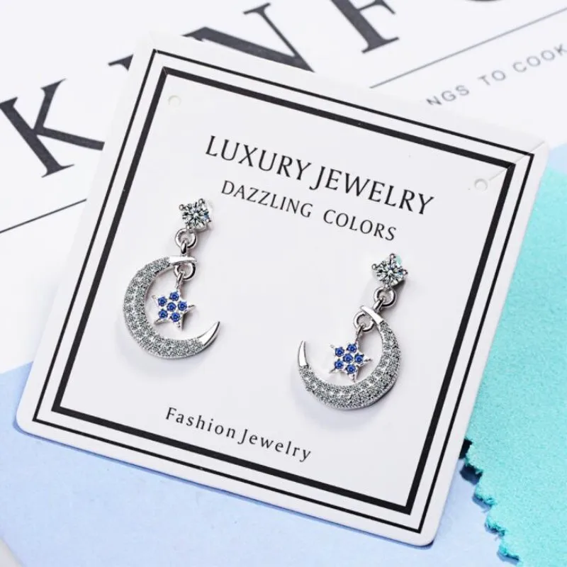 

Korean Style Sweet Temperament Flash Fashion 925 Sterling Silver Jewelry Personality Cute Star And Moon Dangle Earrings SE471