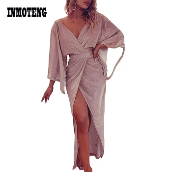 

Glitter Plunge Long Sleeve Slit Dress 2020 Winter Spring Wrapped V Neck Glistening Under The Light Party Maxi Dress with Sashes
