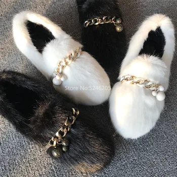 

New Fashion Women Loafers Black White Grey Mink Fur Women Warm Flats Chains Slip On Casual Winter Outside Hot Selling